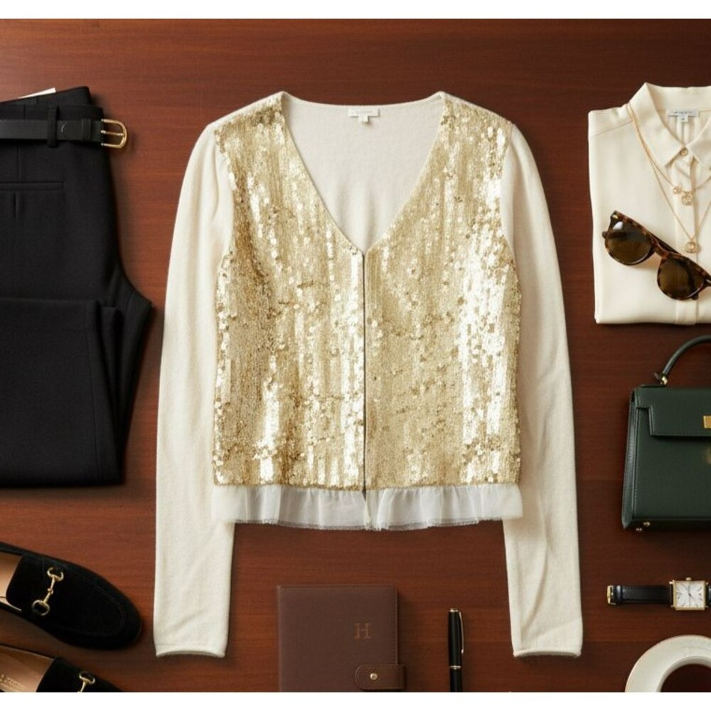 Vintage Cream Cashmere‎ Matte Gold Sequins Cardigan Size L